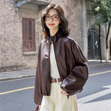 皮衣女2025秋季新款时尚帅气立领宽松皮外套，女装皮衣，英标秀（1C119）