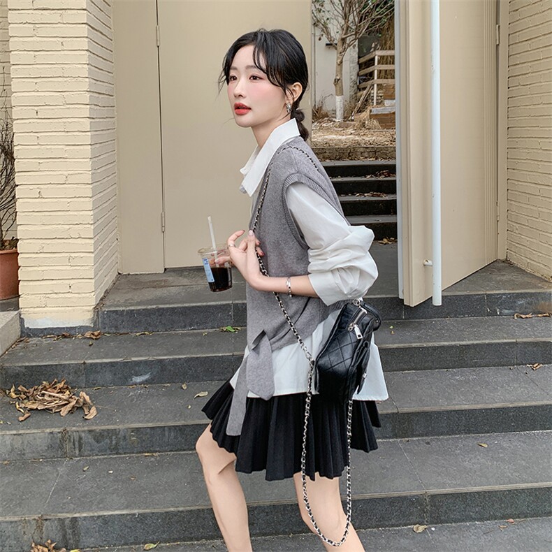 高级松弛感穿搭套装女2025春新款设计感系带针织马甲衬衫两件套,女装套装/套裙,维壹
