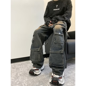 多口袋复古阔腿牛仔裤男重工美式街头嘻哈工装直筒裤子NB15