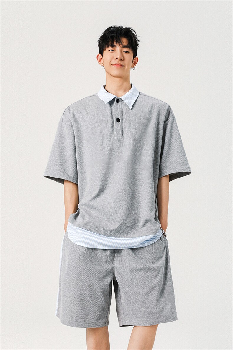 抖音品质夏季新款假两件短袖POLO衫潮牌休闲套装男-A2119TP50控78,男装T恤,电商B241
