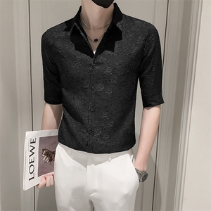 小伙男士夏季七分袖纯色花泡衬衫男日常修身衬衣301A-1/CS352/P55图片