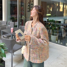 彩色圆领小香风粗花呢短外套女春季2025新款气质宽松百搭编织上衣，女装毛呢外套，天使之佳话