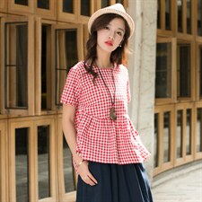棉麻甜美圆领2025年夏季文艺短袖T恤经典格子休闲宽松娃娃衫，女装T恤，风姿绰