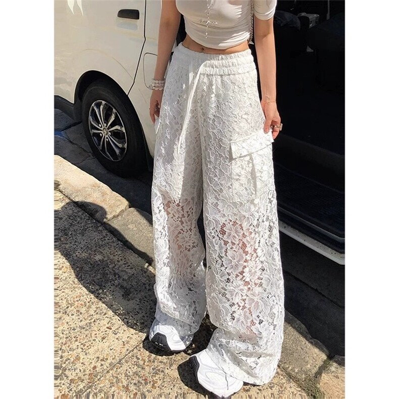 白色镂空蕾丝休闲裤女2025夏季新款洋气时尚设计感高个子阔腿裤图片