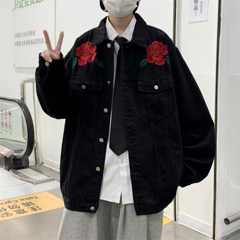 美式复古高街玫瑰花牛仔外套男宽松原宿港风薄款棒球服W5007-P64,男装夹克,星座512-2