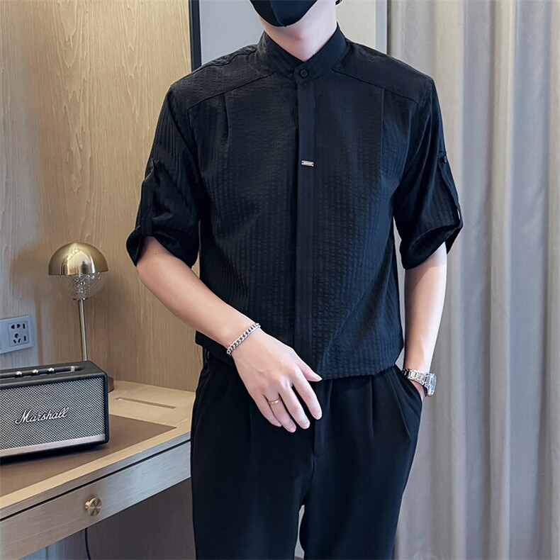 夏男立领条纹衬衫男休闲修身休闲衬衣小伙A236-82550-P60图片