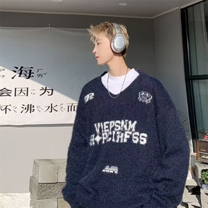 藏蓝色仿貂绒v领毛衣男冬软糯慵懒美式复古针织衫上衣MZ730-P62图片