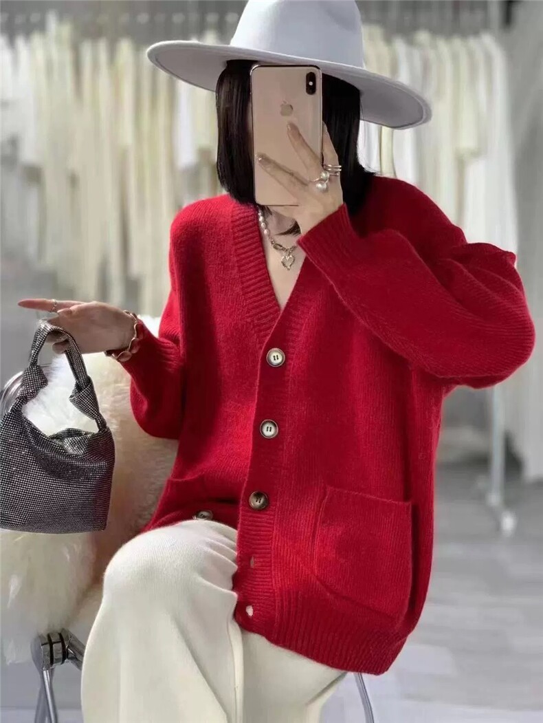 v领针织开衫女秋冬新款流行软糯毛衣外套慵懒外搭,女装羊毛衫,恩泰羊绒