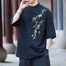 棉麻风新款25夏刺绣竹叶立领短袖衬衫T恤男女A021-T29-p65控89，男装T恤，电商A021