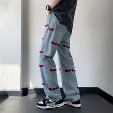 hiphop高街设计感牛仔裤男宽松直筒拖地裤毛巾绣阔腿裤N6505-p45，男装牛仔裤，星座1008