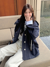 条纹拼接风衣式连帽牛仔外套女春秋2025新款超火流行超好看小个子，女装风衣，浙宝285（原212）