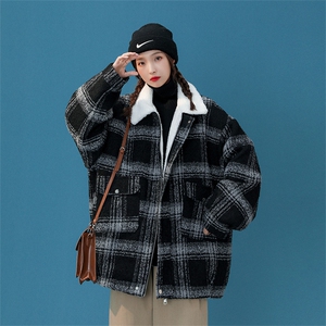 毛呢羊羔绒外套秋冬格子加绒加厚棉服美式高街外套A170-M809-P128图片