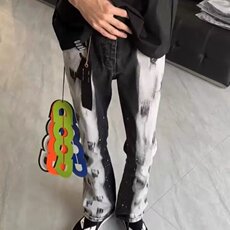 1155-P502025美式潮牌新款黑白撞色油漆泼墨涂鸦修身小脚牛仔裤，男装牛仔裤，电商B323A