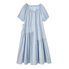 韩国设计感串珠收腰中长款气质显瘦法式泡泡袖连衣裙女依歌贝诺夏，女装连衣裙，意芙