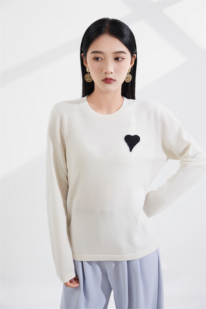 2024秋装新款简约套头女士针织打底爱心图案羊绒衫,女装羊绒衫,恒爱羊绒