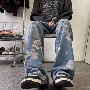 复古印花牛仔裤男夏季设计款阔腿潮牌炸街痞帅裤子1001-1H100-P53图片