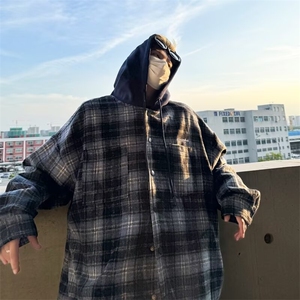 美式假两件格子连帽衬衫男秋季宽松休闲衬衣外套慵懒风夹克 C29图片