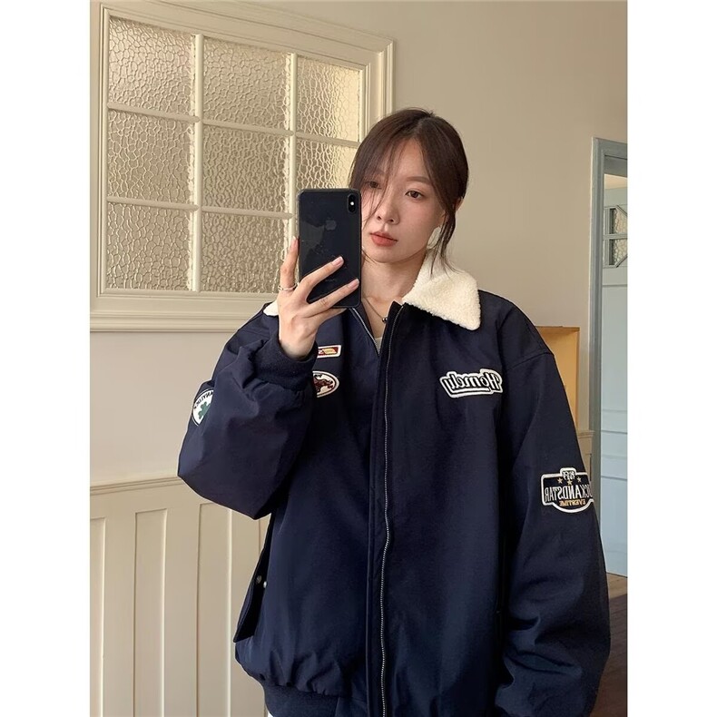 复古学院风刺绣羊羔绒翻领棉衣男女冬季宽松情侣保暖棉服,男装棉衣,四季星座505