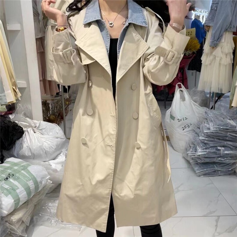 2021春装新款外套女牛仔拼接假两件时尚百搭中长款风衣，女装风衣，迷吉meeggle