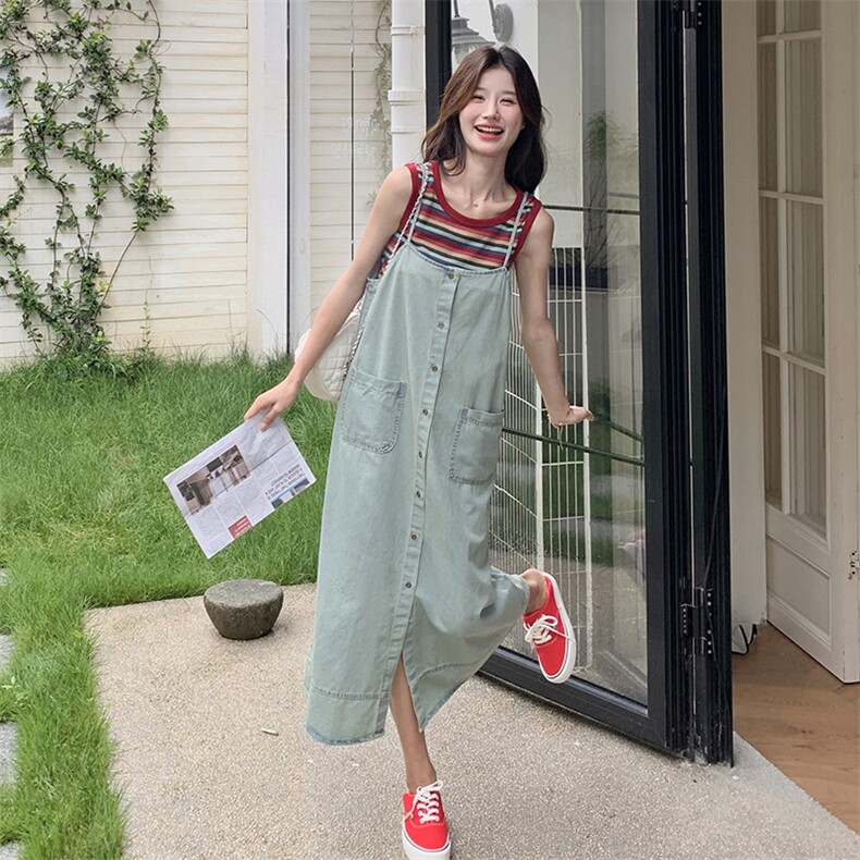 港风复古牛仔吊带连衣裙套装女2025夏俏皮减龄条纹T恤长裙两件套,女装套装/套裙,维壹