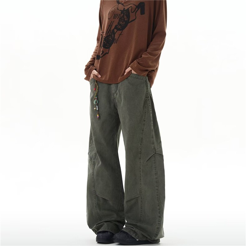 网络图美式高腰阔腿弯刀工装裤男复古军绿色宽松直筒裤子春秋季，男装工装外套，星座410-7
