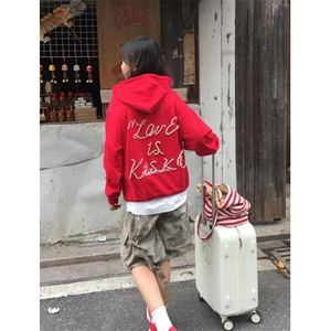 美式复古小众设计感圣诞珍珠红色卫衣女秋冬潮牌上衣外套 WY80图片