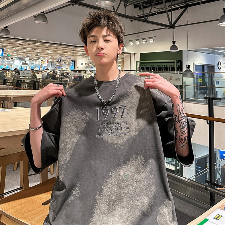 休闲扎染刺绣潮流短袖T桖港风文艺百搭痞帅上衣HY322TP35控58,男装T恤,电商A102B