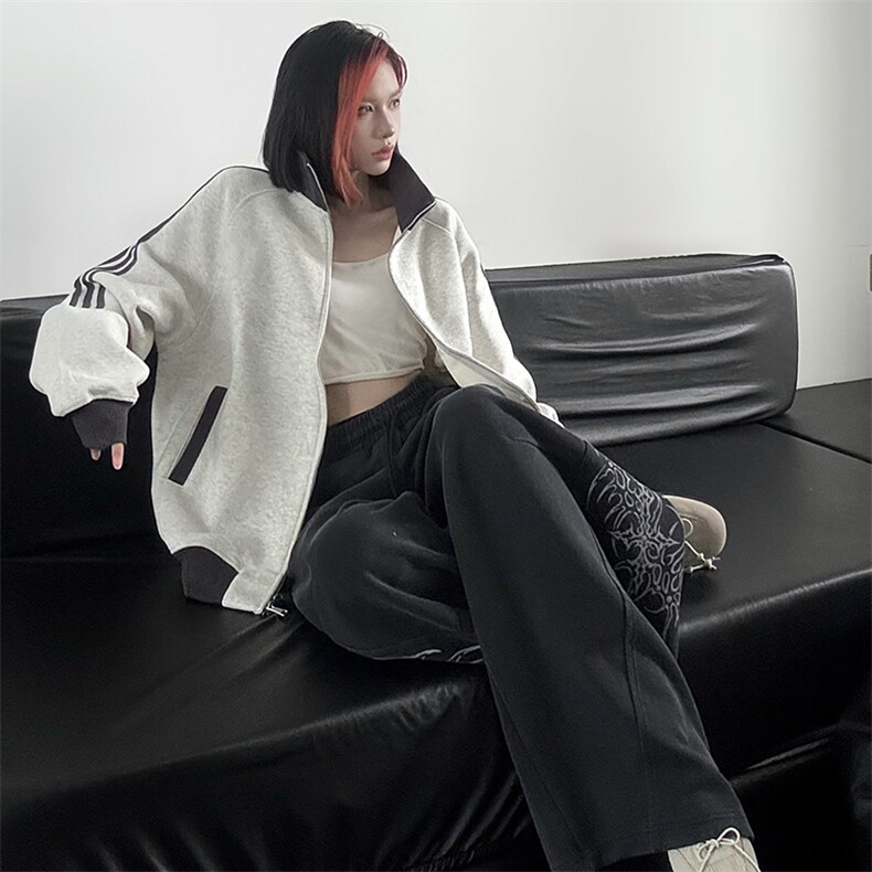 抖音得物高品质美式高街重磅结构设计拼接织带立领卫衣外套CM42,女装短外套,电商A486-1