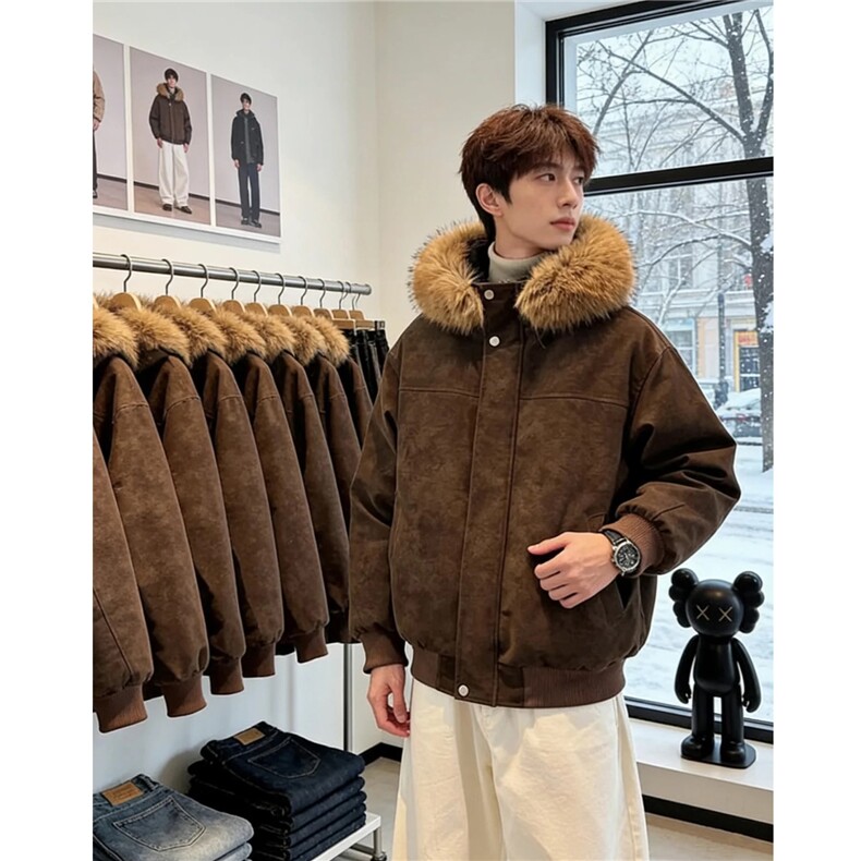 网图加厚加宽毛领可拆卸连帽雾面pu皮棉衣情侣外套H1173特P110，男装皮衣，电商A341