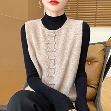 新中式国风盘扣针织马甲女开衫秋冬外穿宽松无袖坎肩圆领毛衣背心，女装马甲，狄美羊绒