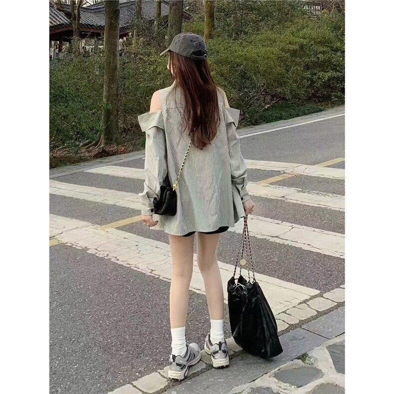 2025春夏新款露肩上衣复古宽松慵懒风气质薄款条纹长袖衬衫女ins,男装衬衫,星座1210-1