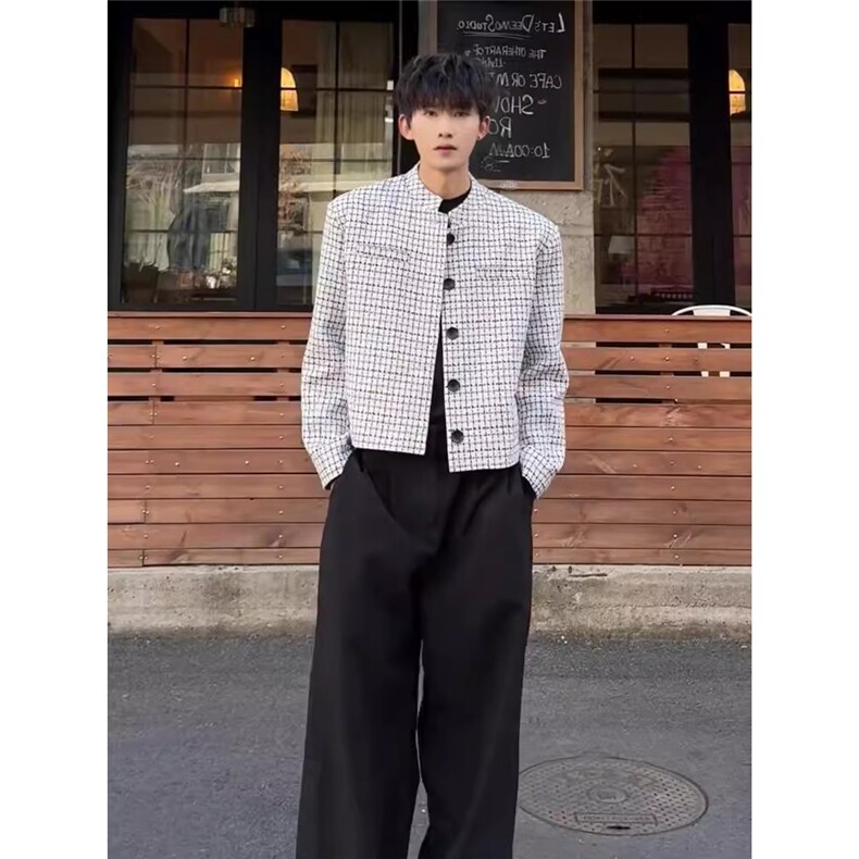 短款垫肩格子外套男春秋高级感痞帅飞行夹克新中式西服上衣WJK73,男装夹克,星座208-5