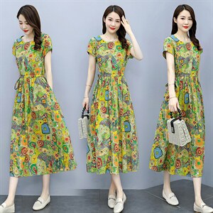 棉麻连衣裙女夏季2025新款韩版女装文艺碎花宽松收腰显瘦印花裙子，女装连衣裙，超帛