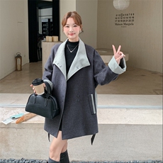 灰色韩系撞色收腰毛呢外套女秋冬2025新款设计小个子气质绝美大衣，女装风衣，2C305