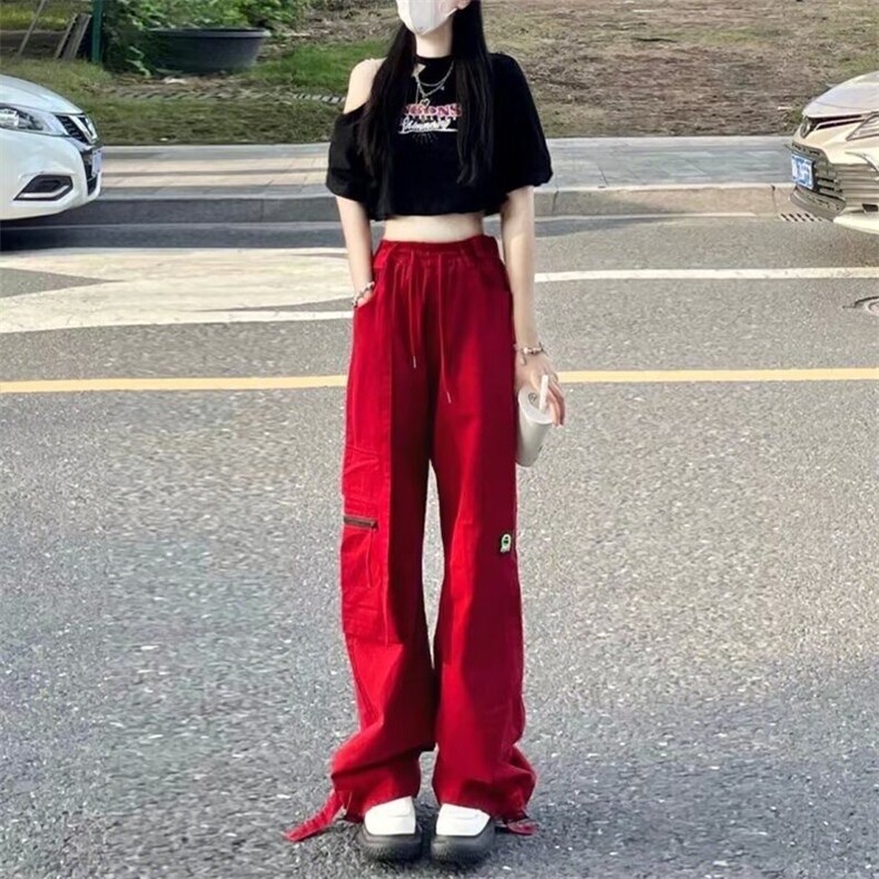 2024新款抽绳多口袋休闲裤女秋季设计感高街休闲阔腿直筒工装裤潮,男装休闲裤,星座506A