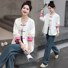 小香风米白色提花外套女2024春秋新款盘扣撞色高级感圆领国风上衣，女装短外套，墨羽桐