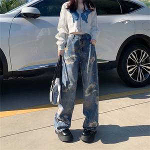 N8616彩绘牛仔裤女阔腿裤印花裤潮流设计感小众拖地裤P59图片