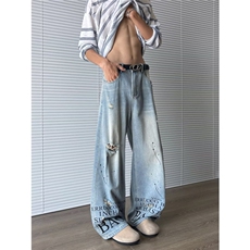 复古高腰破洞阔腿牛仔裤男女春夏季高街设计感直筒宽松显瘦裤子，男装牛仔裤，四季星座505