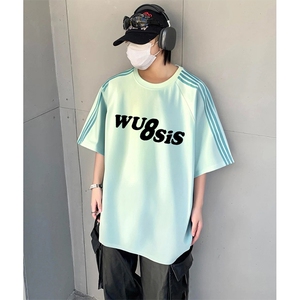 抖音得物品质二开240克宽松纯棉美式潮牌印花三条杠中性风短袖T恤图片