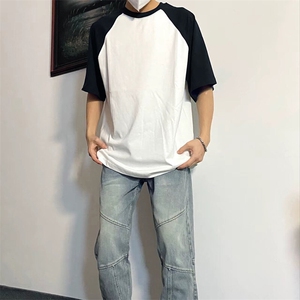 抖音得物高品质二开240克宽松纯棉美式潮牌插肩袖拼接短袖T恤图片