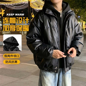 现货 假两件pu皮衣棉服外套男冬季新款加厚美式高街棉衣M106-P120图片
