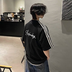 抖音得物高品质二开240克宽松纯棉美式潮牌三条杠织带短袖T恤，男装T恤，电商A486