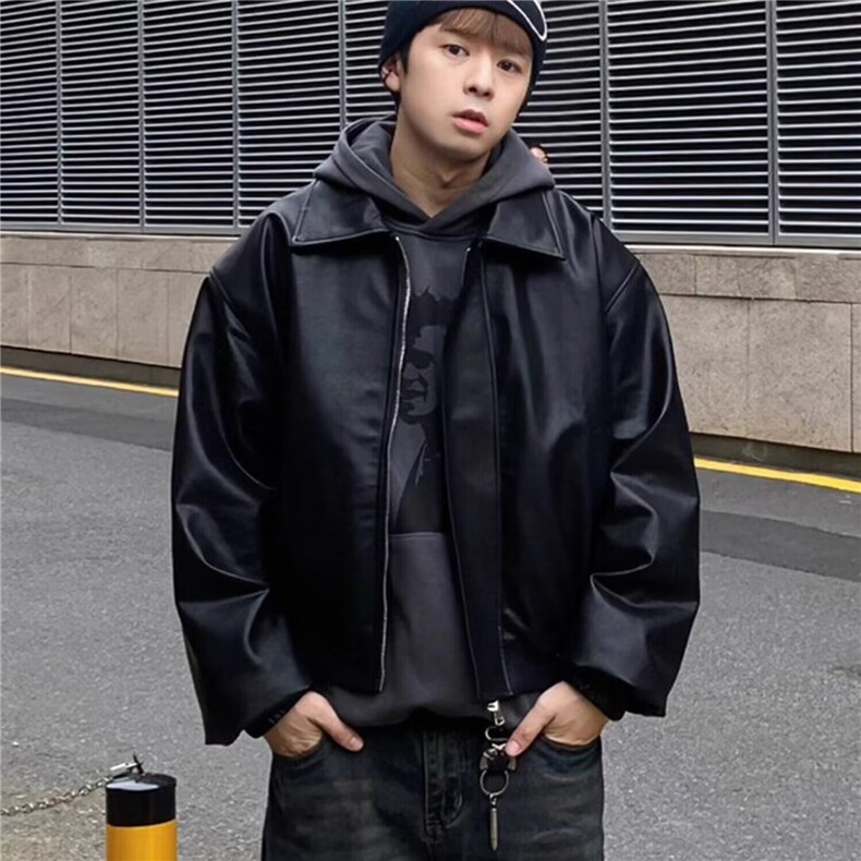 770-P64韩系街头PU皮外套男秋季cityboy潮流痞帅机车服套装宽松,男装休闲套装,电商B323A