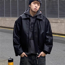 770-P64韩系街头PU皮外套男秋季cityboy潮流痞帅机车服套装宽松，男装休闲套装，电商B323A