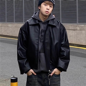 770-P64 韩系街头PU皮外套男秋季cityboy潮流痞帅机车服套装宽松图片