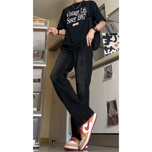 渐变牛仔裤男半松紧腰裤子提档版型直筒工装修身微喇裤 NG3126图片