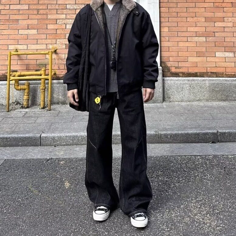 黑色明线设计感阔腿牛仔裤男美式复古高街水洗小众宽松直筒拖地裤,男装牛仔裤,星座1210-1