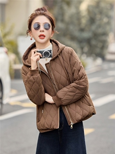 藏青色休闲连帽夹棉加厚外套女2025秋冬新款宽松时尚百搭保暖棉衣图片