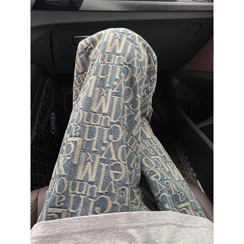 巴黎风满印字母牛仔裤男款夏季潮牌美式高街微喇裤高腰阔腿长裤子,男装牛仔裤,星座218-1（原230）