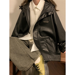 中性连帽鳄鱼纹PU皮衣大码M-5XL情侣休闲冲锋衣夹克男JK8744P90控图片